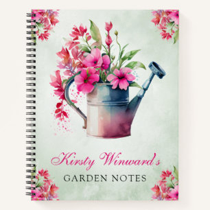Aquarell-Frühlingsblumen-Gießkanne-Garten-Notizen Notizbuch