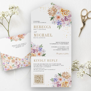 Aquarell Frühlingsblumen Gold QR-Code Hochzeit All In One Einladung