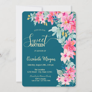 Aquarell-Frühlingsblumen Grün Sweet 16 Einladung