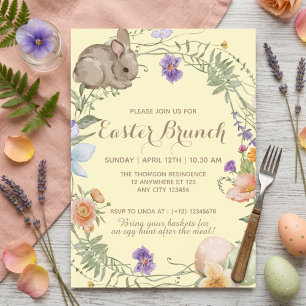 Aquarell-Frühlingsblumen-Hasen-Oster-Brunch Einladung