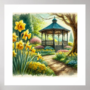 Aquarell Frühlingsblumen Pavillon AI-Kunst Poster