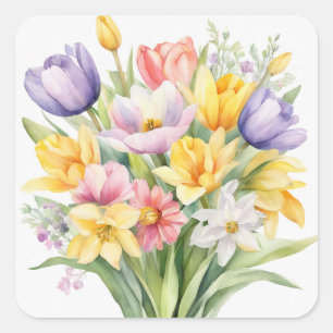 Aquarell-Frühlingsblumen Tulpen Quadratischer Aufkleber
