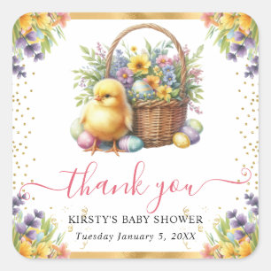 Aquarell Frühlingsküken-Korb-Baby-Party Quadratischer Aufkleber