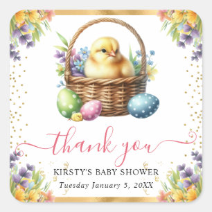 Aquarell-Frühlingsküken-Korb-Baby-Party Quadratischer Aufkleber