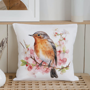 Aquarell Frühlingsvögel und Blüten Kissen