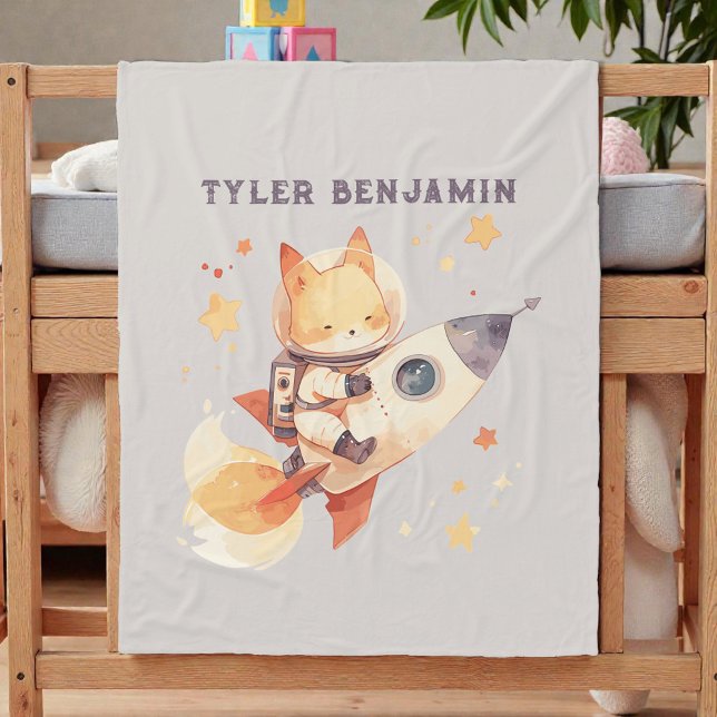 Aquarell-Fuchs auf Weltraumrakete Fleecedecke (Von Creator hochgeladen)