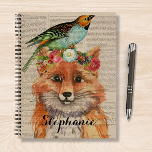 Aquarell-Fuchs-Blumen-Collage Personalisierter Nam Notizbuch
