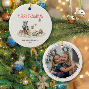 Aquarell-Fuchs-Schaukelpferd-Weihnachtsfoto Keramik Ornament