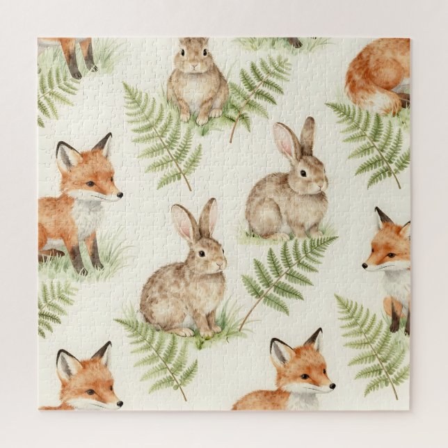 Aquarell Fuchs und Hasen Wald Muster Puzzle (Vertikal)