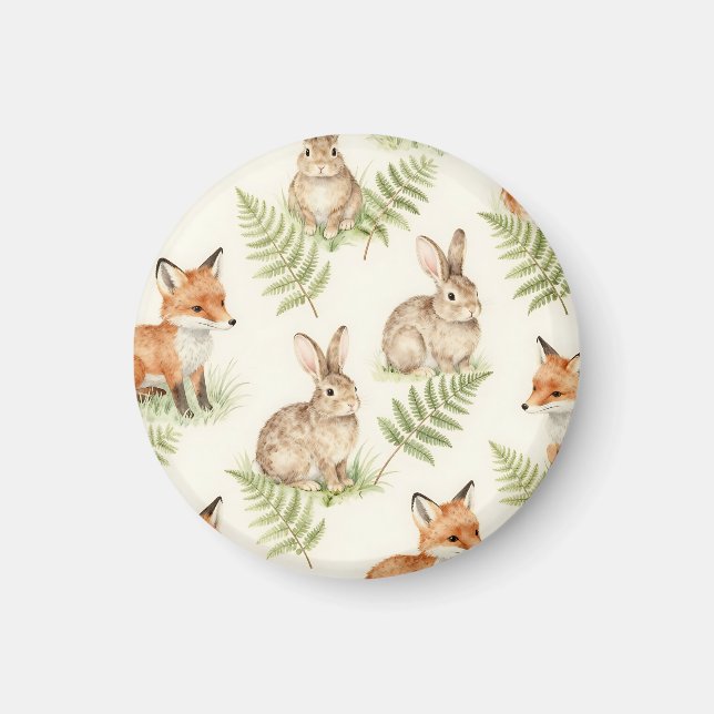 Aquarell-Fuchs-und-Hasen-Waldmuster Magnet (Vorne)