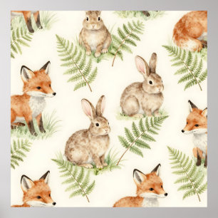 Aquarell Fuchs und Waldkaninchen Muster Poster