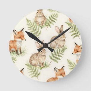 Aquarell Fuchs und Waldkaninchen Muster Runde Wanduhr