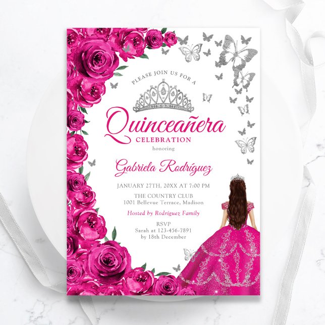Aquarell Fuchsia Pink Floral Quinceanera Einladung (Von Creator hochgeladen)