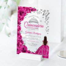 Aquarell Fuchsia Rosa Rosen Silber Quinceanera