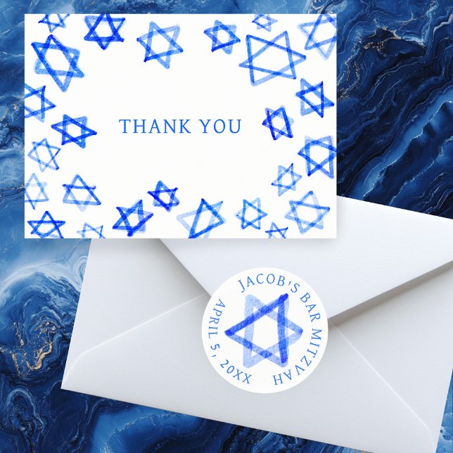 Aquarell Fun Blue Star von David Bar Bat Mitzvah Dankeskarte (Watercolor Fun Blue Star of David Bar Bat Mitzvah Thank You Card
)