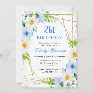 Aquarell-Gänseblümchen Blaue Blumen 21. Geburtstag Einladung
