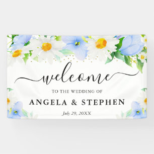 Aquarell-Gänseblümchen Blaue Blumen Hochzeitsbegrü Banner