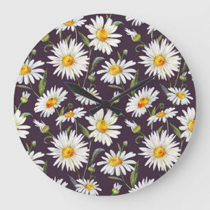 Aquarell-Gänseblümchen: Dunkle Florale Nahtlose Mu Große Wanduhr