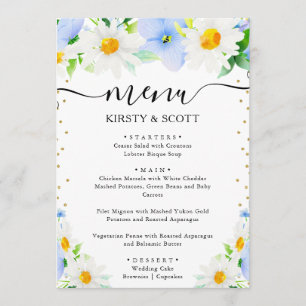 Aquarell-Gänseblümchen und Blaue Blumen Hochzeit Menükarte