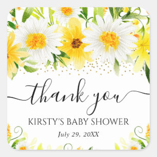 Aquarell-Gänseblümchen und gelbe Blumen Babyparty Quadratischer Aufkleber