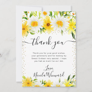 Aquarell-Gänseblümchen und gelbe Blumen Sweet 16 Dankeskarte