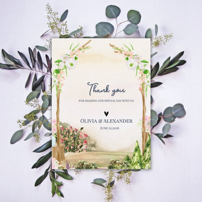 Aquarell-Gartenbogen Romantische Hochzeit Danke Postkarte (Watercolor Garden Arch Wedding Thank You Card Romantic Botanical Floral Thank You Note)