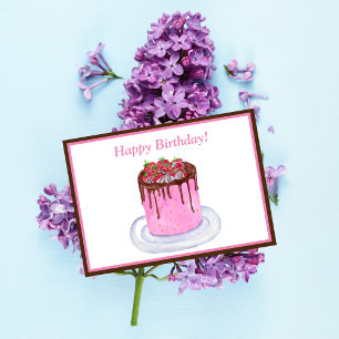 Aquarell-Geburtstag-Schokoladen-Erdbeeren-Torte Karte