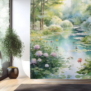 Aquarell Geheimnisvoller Gartenteich Duschvorhang