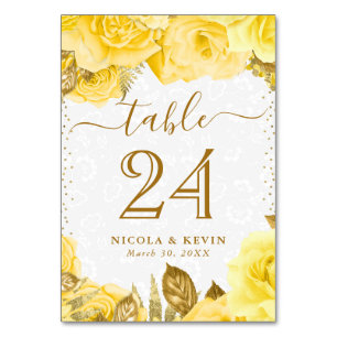 Aquarell-Gelb-Glamour-Rosen-Blumen-Hochzeit Tischnummer