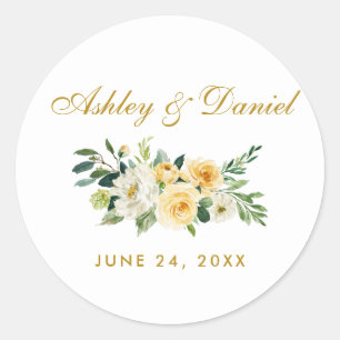 Aquarell Gelb Gold Weiß Florale Hochzeit Runder Aufkleber