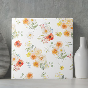 Aquarell-Gelb-Orange-Blumen-Blumenmuster Fliese