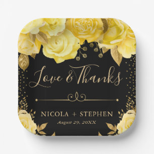 Aquarell-Gelb und Gold Glam Blumen Hochzeit Pappteller