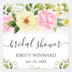 Aquarell-Gelb- und Rosa-Blumen-Brautdusche Quadratischer Aufkleber