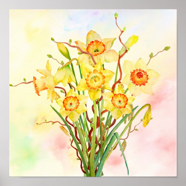 Aquarell Gelbe Daffodien Frühlingsblumen Poster (Vorne)