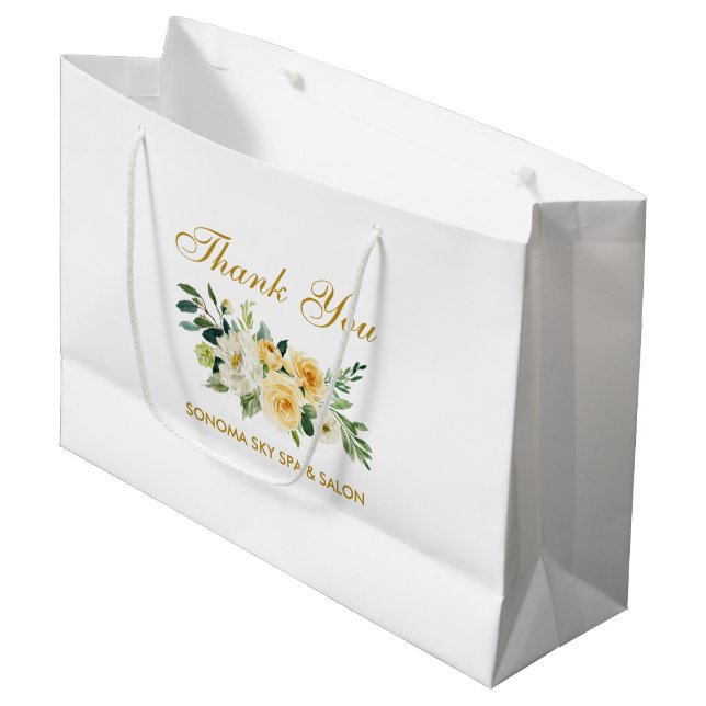 Aquarell Gelbe Flora Gold Elegante Vielen Dank Große Geschenktüte (Vorderseite Schrägansicht)