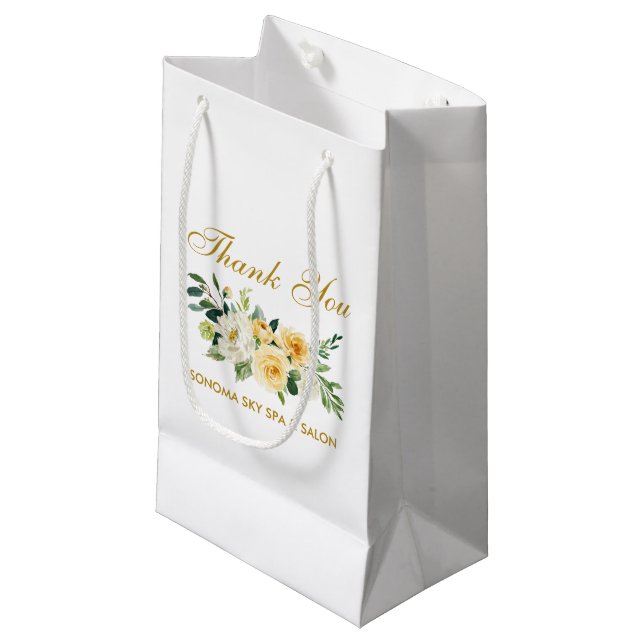 Aquarell Gelbe Flora Gold Elegante Vielen Dank Kleine Geschenktüte (Vorderseite Schrägansicht)