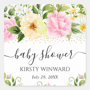 Aquarell Gelbe und Rosa Blumen Babyparty Quadratischer Aufkleber