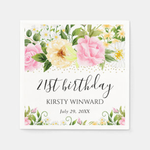 Aquarell-Gelbe-und-Rosa-Blumen-Geburtstag Serviette