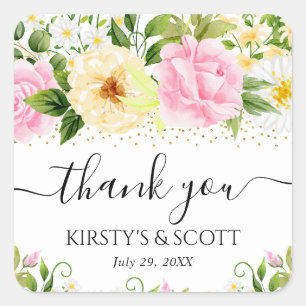 Aquarell Gelbe und Rosa Blumen Hochzeit Quadratischer Aufkleber