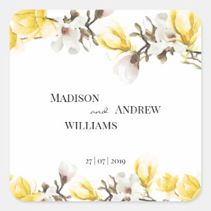 Aquarell-gelbe und weiße Magnolien-Blüte Quadratischer Aufkleber