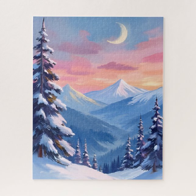 Aquarell-Gemälde Winter Mond Berg Puzzle (Vertikal)