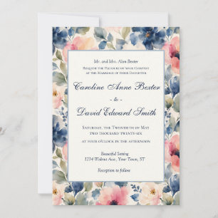Aquarell-Gemalte Blumen Rosa Blau Grüne Hochzeit Einladung