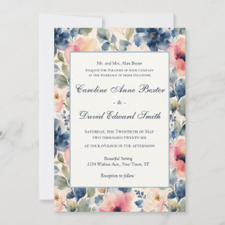 Aquarell-Gemalte Blumen Rosa Blau Grüne Hochzeit Einladung