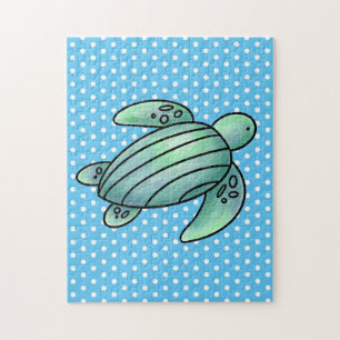Aquarell gemalte Meeresschildkröte Cartoon blau gr Puzzle
