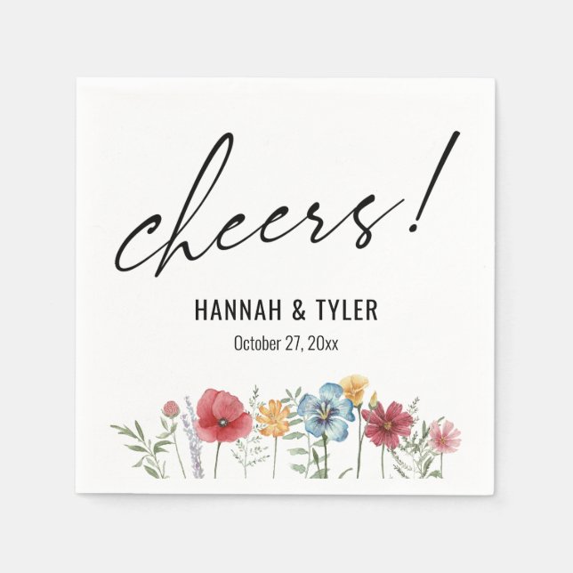 Aquarell-gemalte Wildblumen, Prost! Typografie Serviette (Vorderseite)
