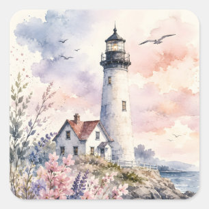 Aquarell-gemalter Leuchtturm Quadratischer Aufkleber