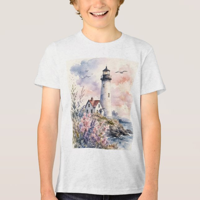 Aquarell gemalter Leuchtturm Tri-Blend Shirt (Vorderseite)