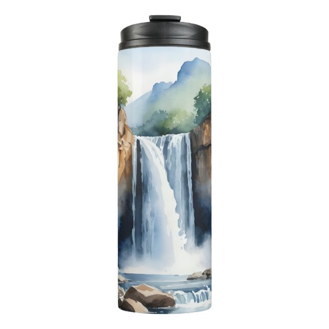 Aquarell gemalter Wasserfall Thermosbecher (Vorderseite)