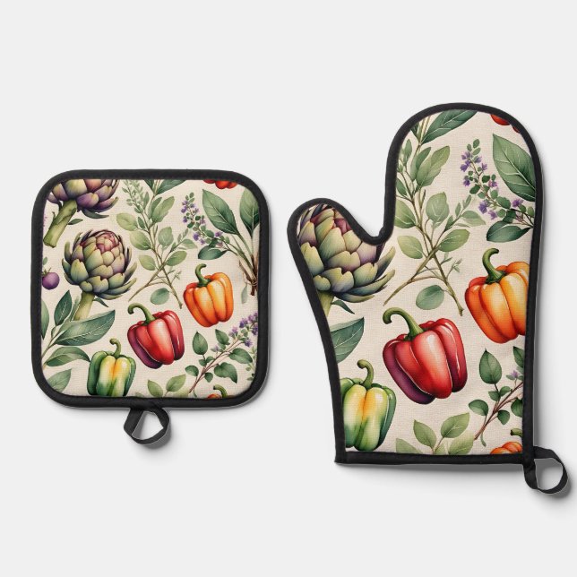 Aquarell-Gemüsegarten-Muster Ofenhandschuh & Topflappen-Set (Vorderseite)