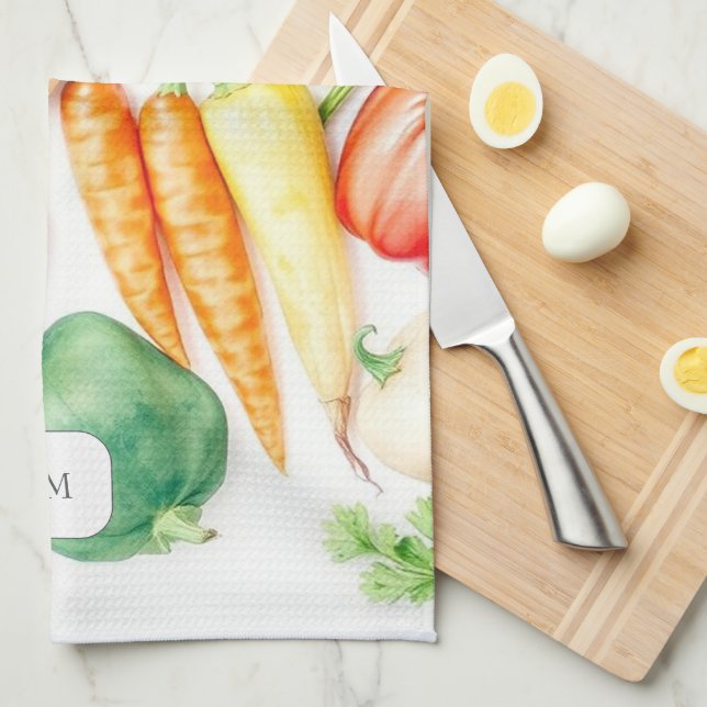 Aquarell-Gemüsemuster mit Monogramm Geschirrtuch (Viertel Falte)